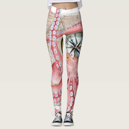 Red Octopus Vintag Map Compass Leggings (Vorderseite)