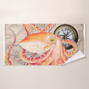 Red Octopus Vintag Map Compass Marine Badhandtuch Set