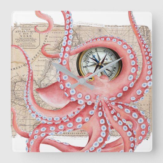 Red Octopus Vintag Map Compass Quadratische Wanduhr (Vorderseite)