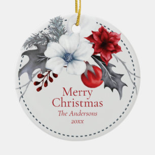 Red Off-White Silver Foliage Weihnachten Keramik Ornament