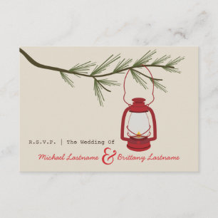 Red Oil Lantern Evergreen Camping Wedding R.S.V.P. RSVP Karte