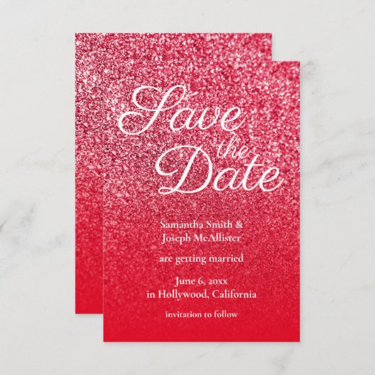 Red Ombre Glitzer Save the Date Einladung (Vorne/Hinten)