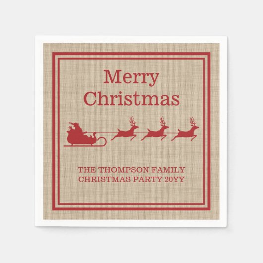 Red On Beige Santa's Sleigh Weihnachts-Silhouette Serviette (Vorderseite)