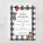Red on Black Buffalo Check Teddy Bears Baby Shower Einladung (Vorderseite)