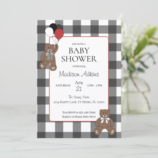 Red on Black Buffalo Check Teddy Bears Baby Shower Einladung (Stehend Vorderseite)