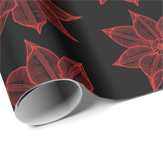 Red on Black Sketchy Blume Geschenkpapier (Rolleneckpunkt)