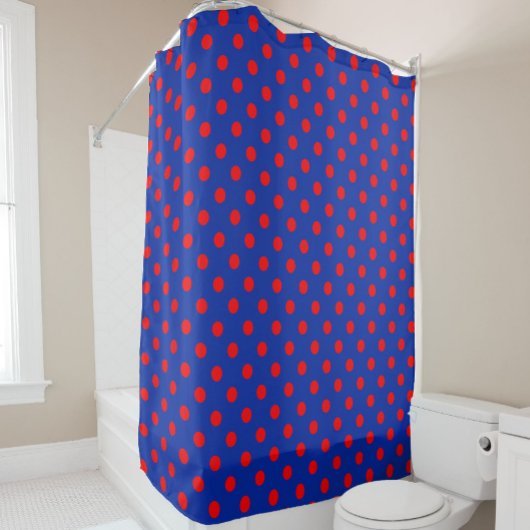 Red On Blue Polka Dots Pattern Design Duschvorhang