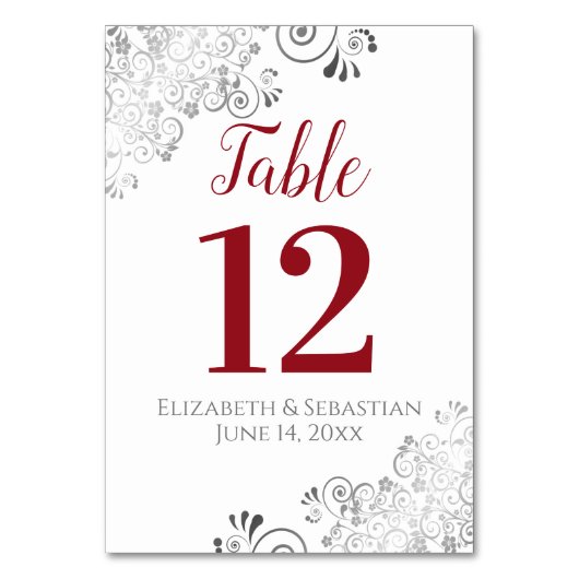 Red on White Elegant Frilly Wedding Tischnummer (Rückseite)