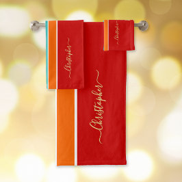 Red Orange Aquamarin Racing Stripes Imitats Gold M Badhandtuch Set