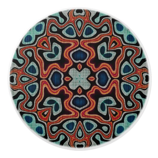 Red Orange Dark Aquamarin Blue Ethnic Stamm Art Keramikknauf (Vorderseite)