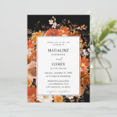 Red & Orange Fall Floral Wedding B - Black Einladung (Stehend Vorderseite)