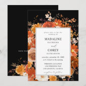 Red & Orange Fall Floral Wedding B - Black Einladung (Vorne/Hinten)