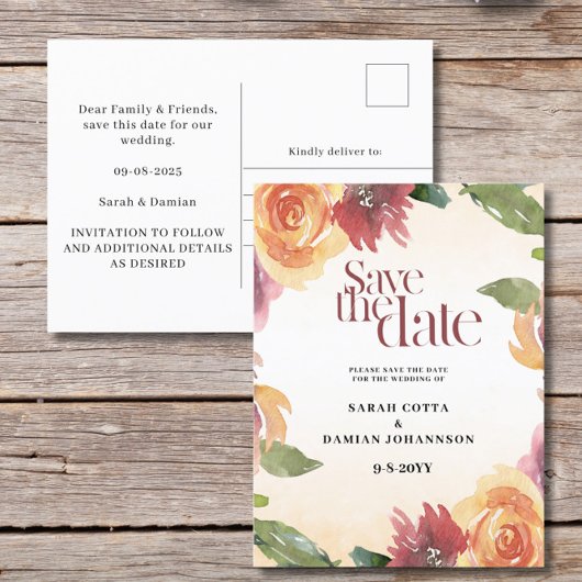 Red Orange Floral Wedding Speichern Sie das Datum  Postkarte