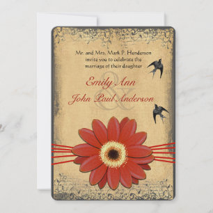 Red Orange Gerber Daisy Vintag Birds Wedding Einladung