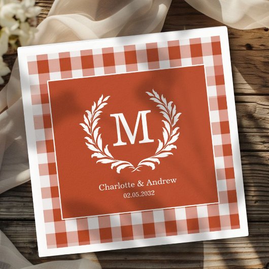 Red Orange Gingham Monogram Wappen Custom Serviette