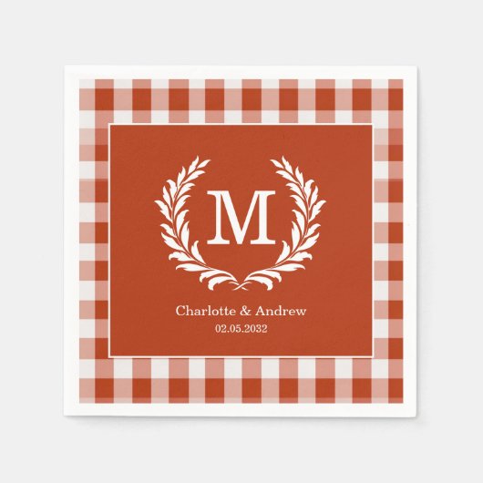 Red Orange Gingham Monogram Wappen Custom Serviette (Vorderseite)