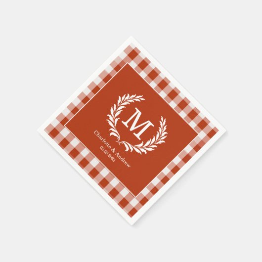 Red Orange Gingham Monogram Wappen Custom Serviette (Ecke)