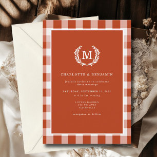 Red-Orange Gingham Monogram Wappen Einladung