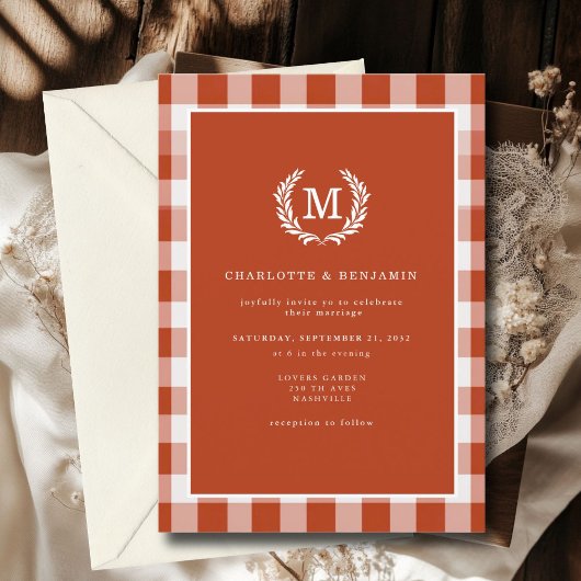 Red-Orange Gingham Monogram Wappen Einladung