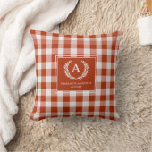 Red-Orange Gingham Monogram Wappen Kissen (Decke)