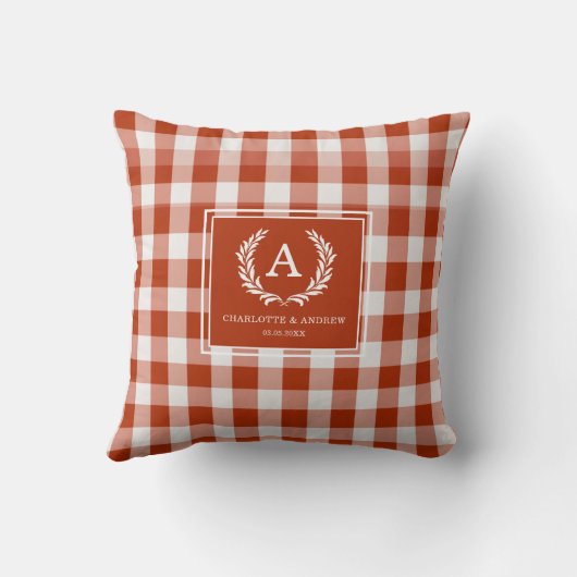 Red-Orange Gingham Monogram Wappen Kissen (Rückseite)