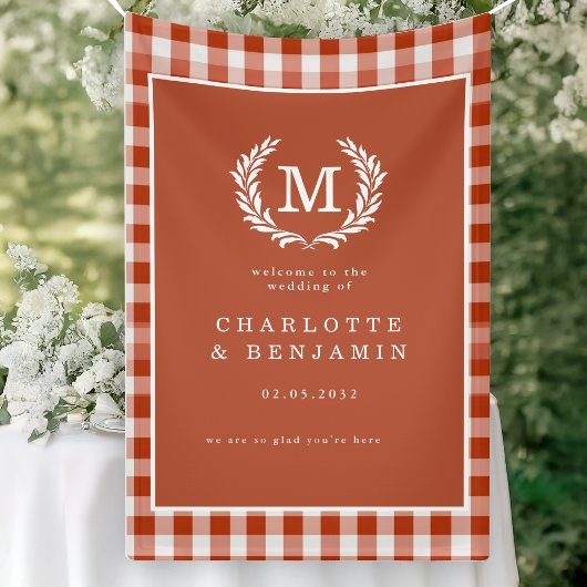 Red-Orange Gingham Monogram Wappen Wedding Welcome Banner