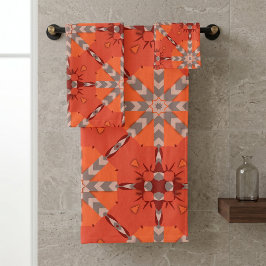 Red Orange Gray Ethnic Bohemisch Folk Art Muster Badhandtuch Set