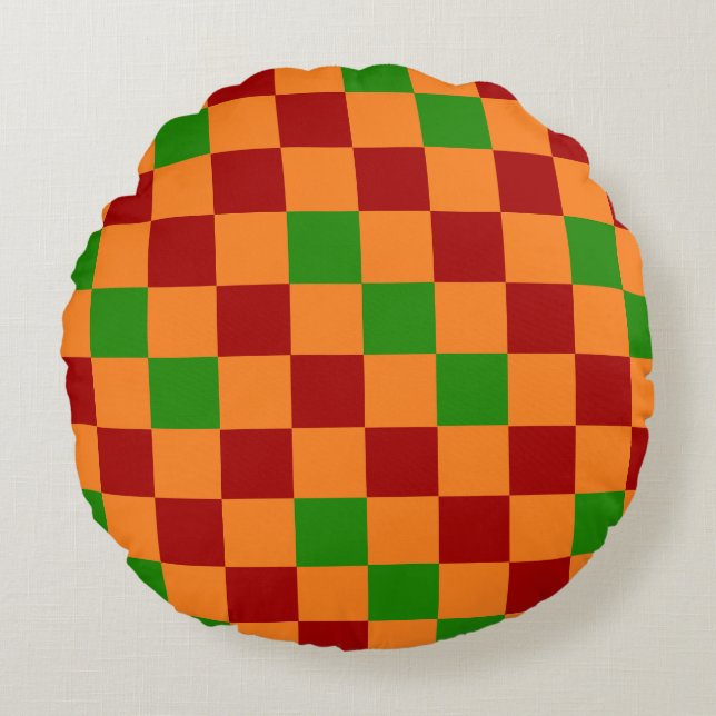 Red Orange Green Checkered Pattern Design  Rundes Kissen (Vorderseite)