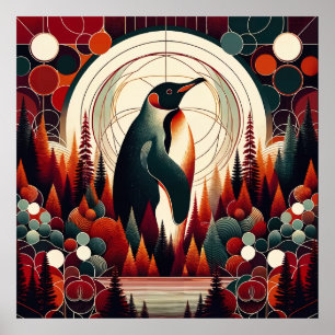 Red Orange Kaiser Penguin Retro Tree Geometric Poster