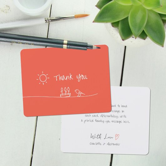 Red Orange Minimalistisch Blume Bird Sun Zeichnend Dankeskarte