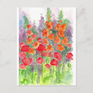 Red Orange Poppy Gladiola Flower Watercolor Garden Postkarte