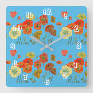 Red Orange Poppy Watercolor Pastell Blaue Uhr
