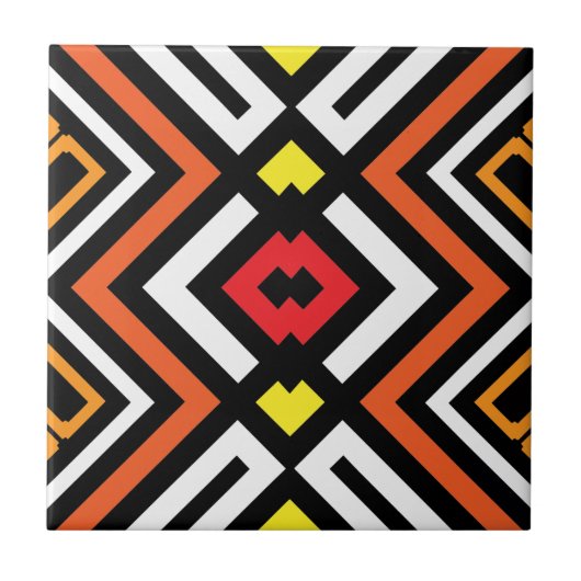 Red Orange Schwarz-weiß Mosaic Geometric Muster Fliese (Vorderseite)