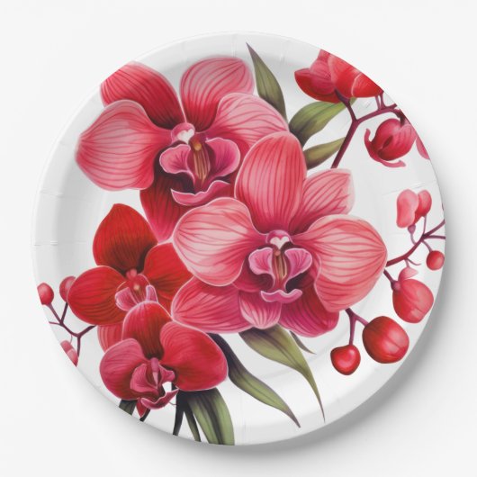 Red Orchids Red and White Wedding Pappteller (Vorderseite)
