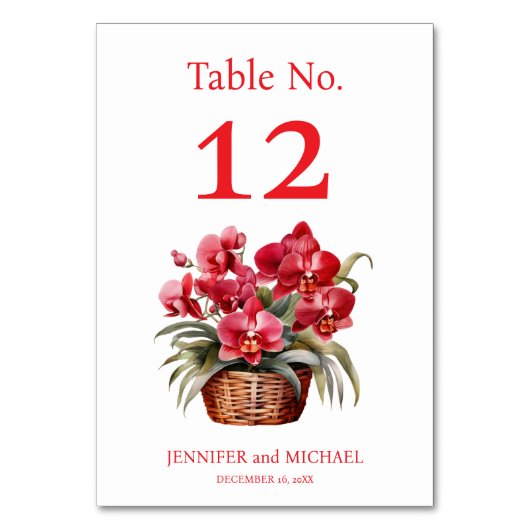 Red Orchids Watercolor Wedding Tischnummer (Vorderseite)