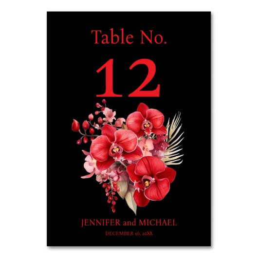 Red Orchids Watercolor Wedding Tischnummer (Rückseite)