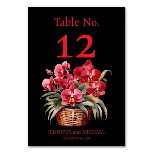 Red Orchids Watercolor Wedding Tischnummer (Rückseite)