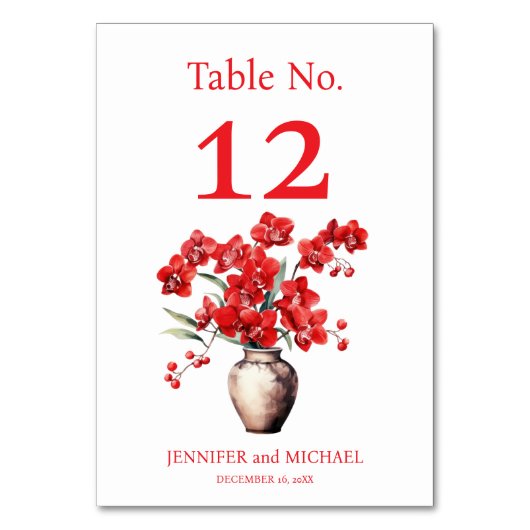 Red Orchids Watercolor Wedding Tischnummer (Rückseite)