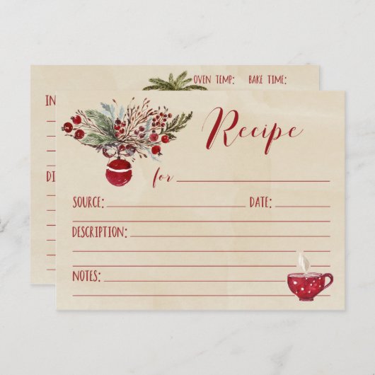 Red Ornament Holiday Rezept Wasserfarbe Hintergrun Postkarte (Vorne/Hinten)