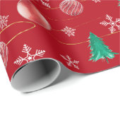 Red Ornaments & Watercolor Pines Christmas  Geschenkpapier (Rolleneckpunkt)