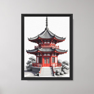 Red Pagoda Ink Style - Japanischer Tempel Leinwanddruck