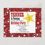 Red Paisley Bandana Kids Cowboy Birthday Einladung<br><div class="desc">Ein Western zum Thema Geburtstagsfeier mit einem roten Paisley-Bandana- Paisley-Muster auf Vorder- und Rückseite.  Vorderseite zeigt ein sternförmiges Abzeichen.  Personalisieren Sie den Text mit Einzelheiten Ihrer Veranstaltung.</div>