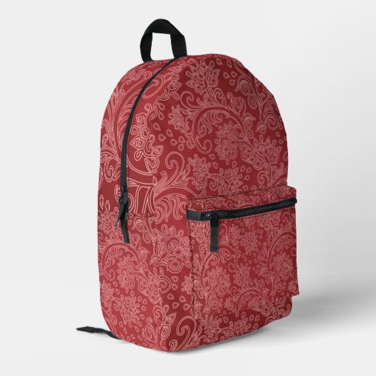 Red Paisley Damask Designer Floral Classic Bedruckter Rucksack (Rückseitige Ecke links)