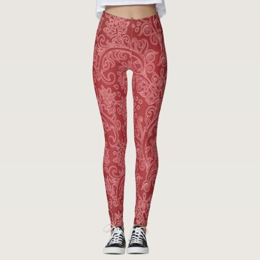 Red Paisley Damask Designer Floral Classic Leggings (Vorderseite)