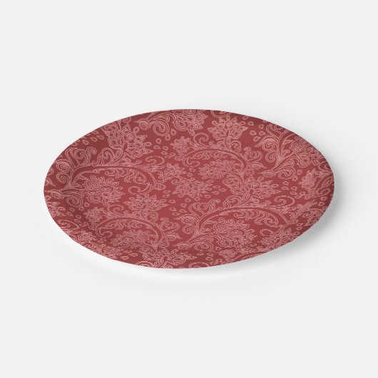 Red Paisley Damask Designer Floral Classic Pappteller (Schrägansicht)