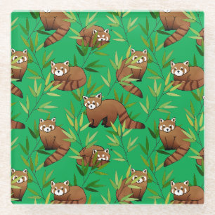 Red Panda & Bamboo Blätter Muster Glasuntersetzer