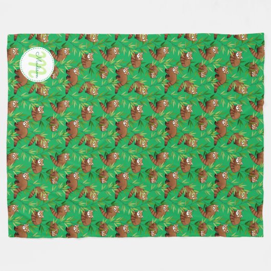 Red Panda & Bamboo Blätter Muster & Monogramm Fleecedecke (Vorderseite (Horizontal))