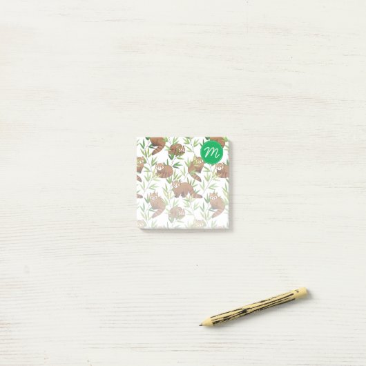 Red Panda & Bamboo Blätter Muster & Monogramm Post-it Klebezettel (Auf Schreibtisch)