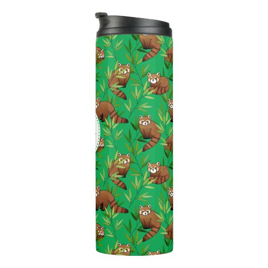 Red Panda & Bamboo Blätter Muster & Monogramm Thermosbecher (Nach rechts gedreht)