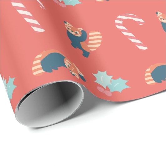 Red Panda & Candy Cane Red Wrapping Paper Geschenkpapier (Rolleneckpunkt)